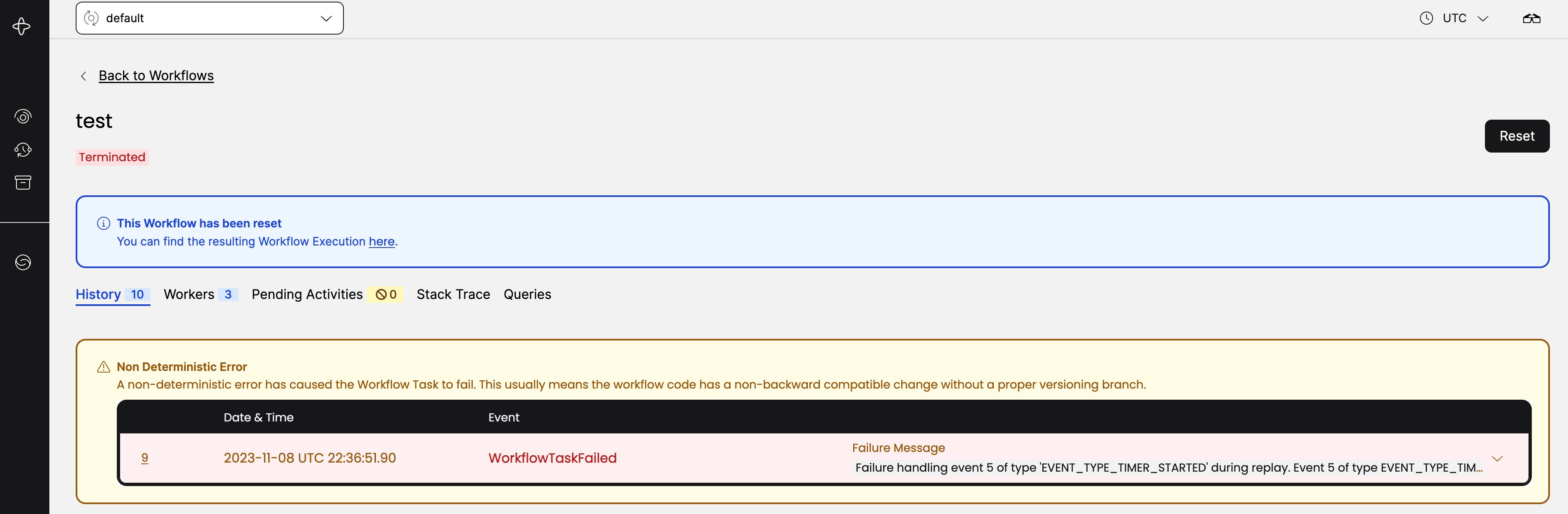 Workflow Terminated and Reset